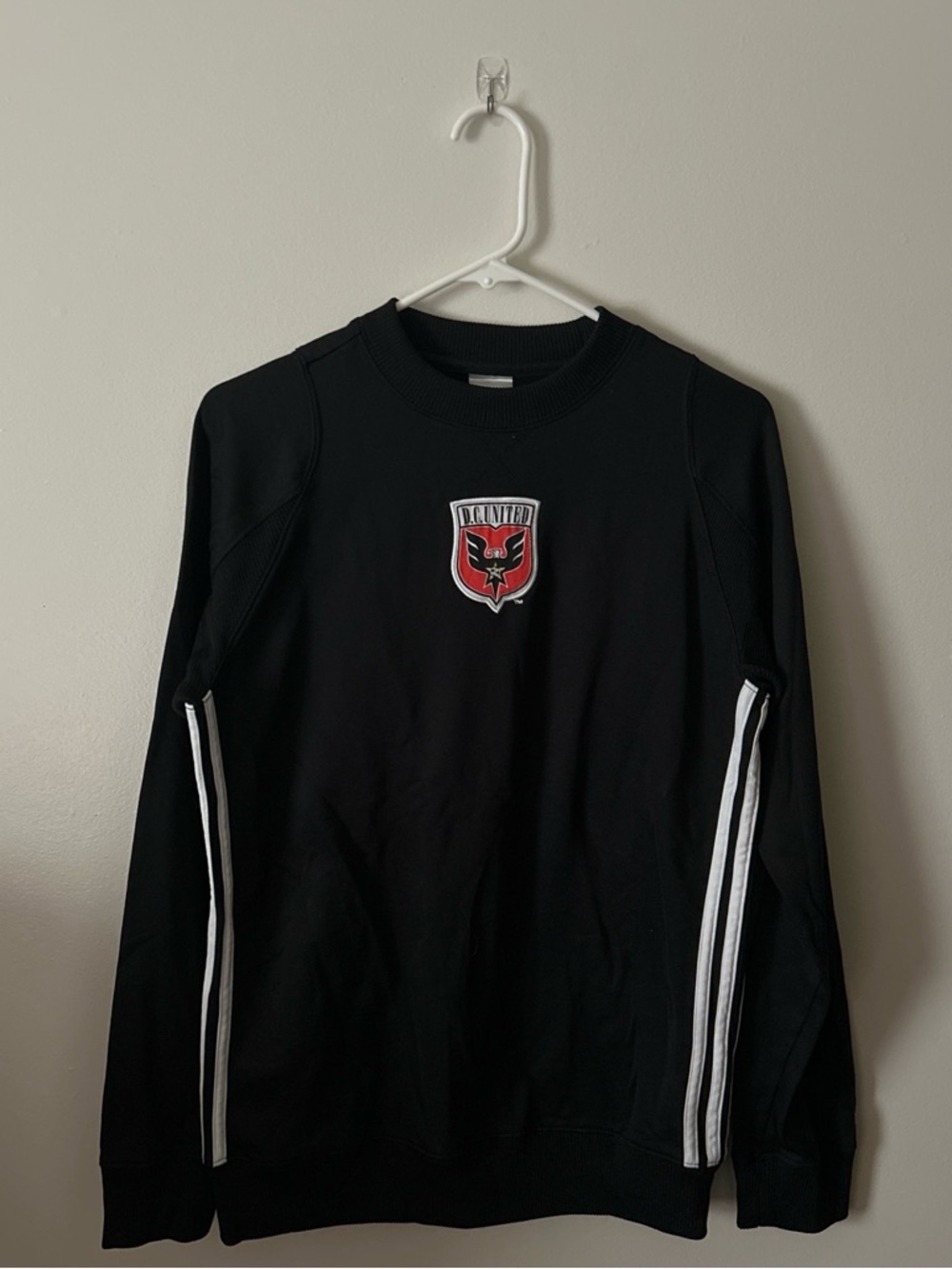 adidas DC United Black Long Sleeve Crew with White Stripe Detail and Red Logo